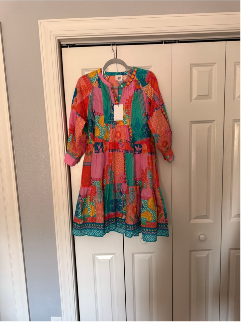 Women's dRA Mini Dress Size M Orange Pink Patchwork Print - Picture 3 of 7